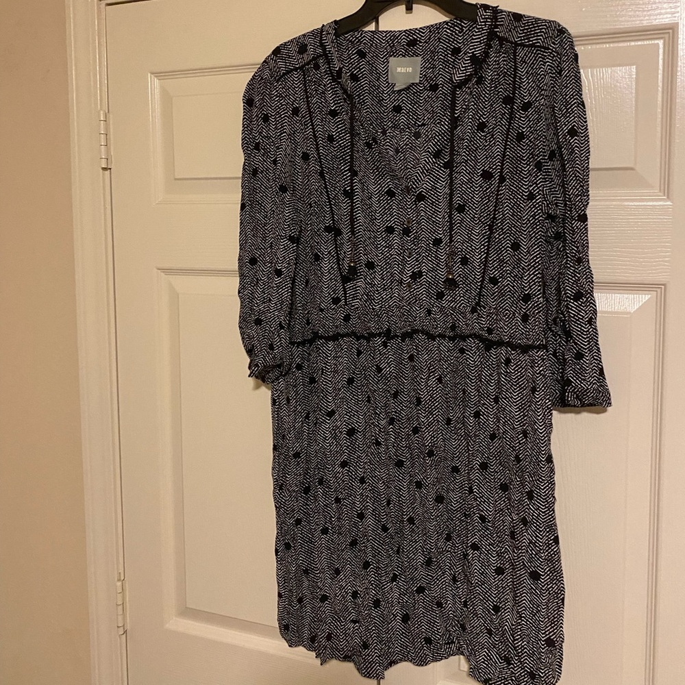 Maeve Anthropologie Womens short dress Black White Boho Geometric EUC sz L